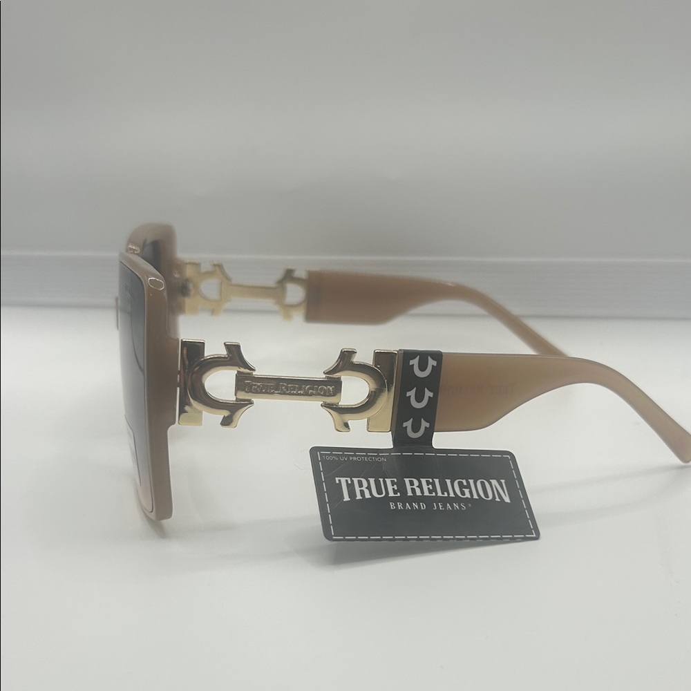 True Religion Beige/Gold Frame Sunglasses with Blue Gradient Lenses - Picture 2 of 9